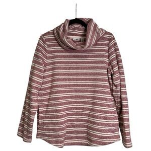 L.L. Bean Med Petite Red & Cream Striped Cowl Neck Cozy Pullover